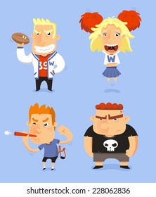 School Teen Adolescents Characters vector illustration, with jocks, cheerio, nerd and bully vector illustration. svg