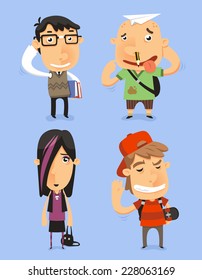 School Teen Adolescents Characters Vector Illustration. With Nerd Kid, Dumb Kid, Cool Kid. Vector Illustration.