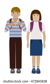 School teenager girl and boy with backpacks isolated on white flat vector illustration