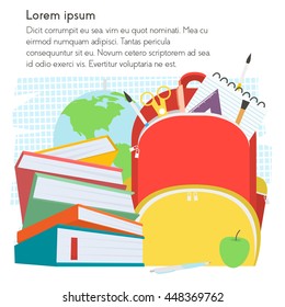School template with backpack and books with text place.Vector Illustration