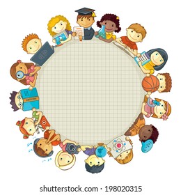 School Template With Children. Frame For Text