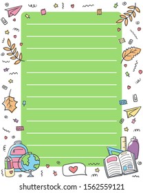 School template. Elements for notebook, diary, organizer, planner and other school design. Doodle hand drawn vector illustration. Different school supplies and tools background First day of school.