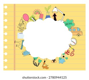 School template on the yellow note background of small details from school life Vector illustration education concept timetable template