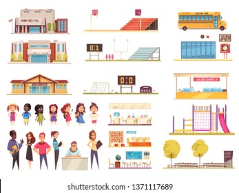 School territory elements classes library and canteen teachers and pupils set of cartoon icons isolated vector illustration