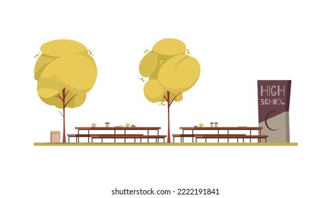 School territory yard with tables and benches cartoon vector illustration