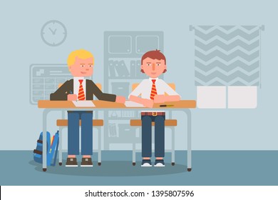 School Test Cheating Flat Vector Illustration. Schoolmates, Classmates In Uniform Cartoon Characters. Kids Writing Quiz, Cheater Peaking Exam Answers. Children Breaking Rules, Bad Behavior