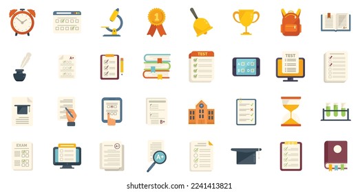 School test icons set flat vector. Online learn. Quiz education isolated