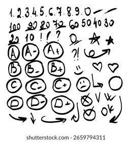 Examen escolar, números, letras, círculos y flechas, dibujo a mano. Ilustración vectorial. Un conjunto de íconos de diferentes Formas, resaltados sobre un fondo blanco. Líneas de doodle de lujo, pruebas, profesionales, 