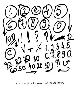 Prova escolar, números, letras, círculos e setas, desenho à mão. Ilustração vetorial. Um conjunto de ícones de diferentes formas, realçados em um plano de fundo branco. Linhas de doodle bonitos, testes, prós, 