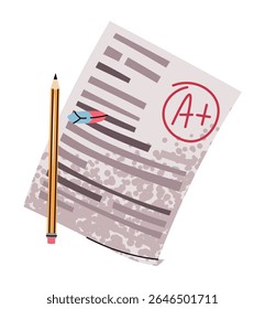 School Test Paper with Grade in Flat Style, Featuring Pencil and eraser on White Background. Perfect for Education Themes, Teacher Resources, Student Motivation, and Back to School Designs