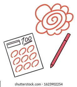 School test and red pen and flower sign.