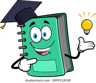 School Textbook Cartoon Character With Graduate Cap Pointing To Light Bulb. Vector Hand Drawn Illustration Isolated On Transparent Background