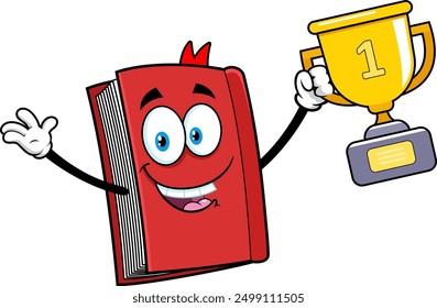 School Textbook Cartoon Character Holding A Gold Cup Trophy. Vector Hand Drawn Illustration Isolated On Transparent Background