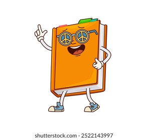 Personaje de libro de texto escolar con cubierta naranja vibrante. Personaje de libro funky de Vector de dibujos animados usa gafas y zapatillas de deporte con signos de paz, exudando un ambiente divertido y educativo, promoviendo el amor por el aprendizaje y la paz