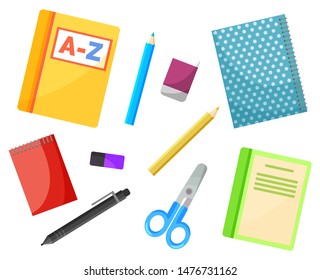 School textbook and copybook, stationery supplies vector. Alphabet book and notebook, pencil and pen, eraser and scissors, notepad isolated objects. Back to school concept. Flat cartoon