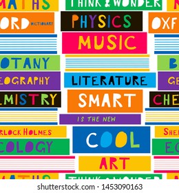 School textbook flat vector seamless pattern. Chemistry, Literature, Physics, Music, Art subjects books background. Education and learning backdrop. Wallpaper, wrapping paper, textile cartoon design