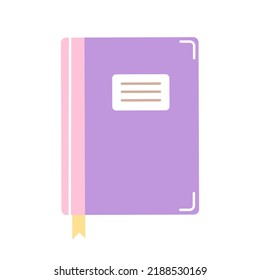 School textbook, notebook, book with bookmark, vector illustration in flat style on white background.