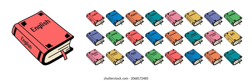 Paquete de libros de texto escolares. Esbozo de libros. conjunto de ilustraciones vectoriales. Inglés, biología, geología, astronomía, ciencia, historia y matemáticas. 