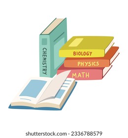 School textbooks clipart. Simple stack of Math, Physics, Biology, Chemistry school books flat vector illustration clipart cartoon style. Students, classroom, school supplies, back to school concept