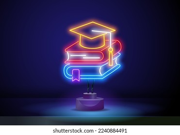 School textbooks neon sign. Stack of books and red apple. Back to school concept.