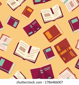School textbooks on yellow backdrop. Stationery seamless pattern for wallpaper, wrap paper, sleeper, bath tile, apparel or bed linen. Phone case or cloth print. Flat style stock vector illustration