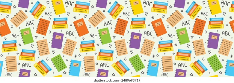 School texture with cartoon books. Back to school background design. Banner. Vector illustration