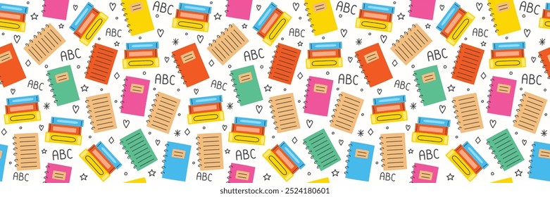 School texture with cartoon books. Back to school background design. Banner. Vector illustration