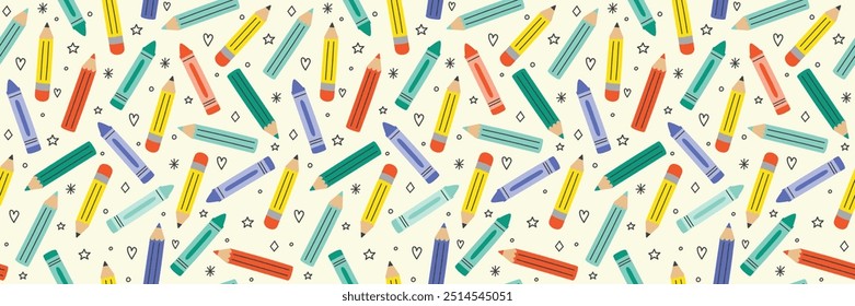Textura escolar con crayones de dibujos animados. Volver al diseño de fondo de la escuela. Anuncio. Ilustración vectorial
