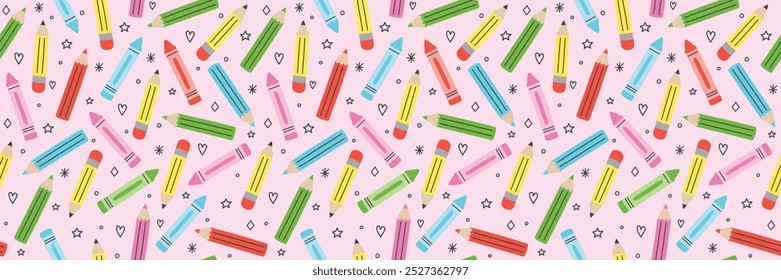 School texture with cartoon crayons. Back to school background design. Banner. Vector illustration