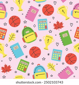 School texture with cartoon stationery. Back to school background design. Vector illustration