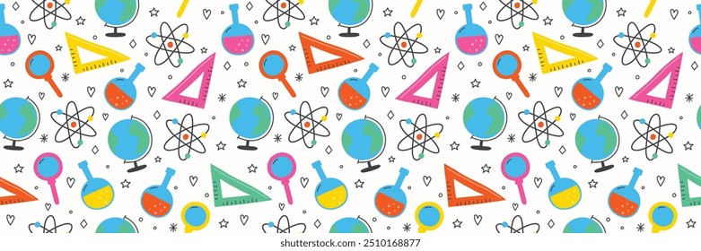 School texture with cartoon stationery. Back to school background design. Banner. Vector illustration