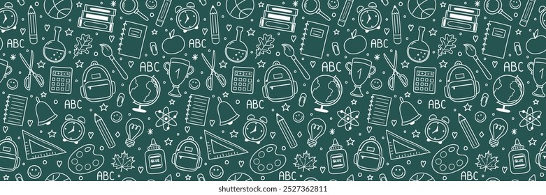 School texture with cartoon stationery. Back to school background design. Banner. Vector illustration