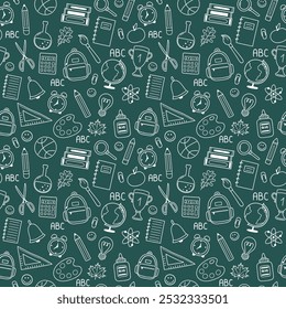School texture with cartoon stationery. Back to school background design. Vector illustration