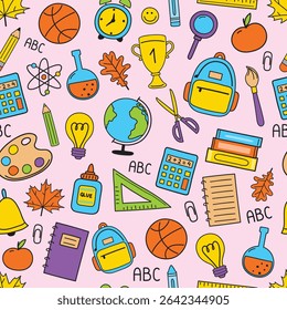 School texture with cartoon stationery. Back to school background design. Vector illustration