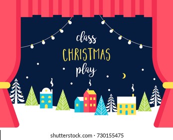 School Or Theatre Stage Decorations For Christmas Or New Year Play. Snowy Winter Wonderland And Lights Garlands. Class Play Sign. Vector Illustration