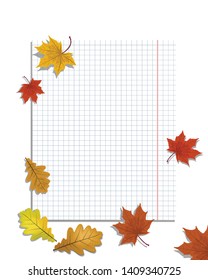 School theme, autumn leaves with paper of copybook. Vector isolated illustration