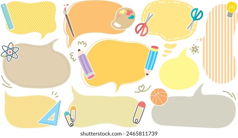 School theme colorful speech bubble for text. Set of blank BTS cute memo sticker. Stationery pattern chat box cloud balloon. Pencil, Ruler, Science, Art, Math, Student, Light bulb, Atom, Scissor Sport