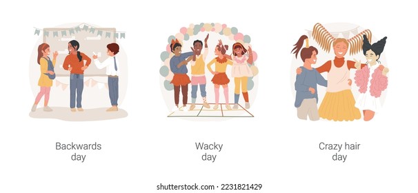 School theme days isolated cartoon vector illustration set. Wearing clothes backwards, wacky Wednesday, colorful outfit, crazy hair day, wild creative hairstyle, school fun vector cartoon.