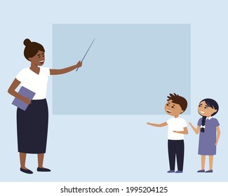 School theme frame with teacher and students. The teacher points to the board with a pointer. Children look closely at the teacher. Flat vector illustration.