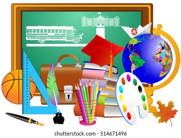 School theme. Green chalkboard with school bus and school supplies. Vector, isolated on white