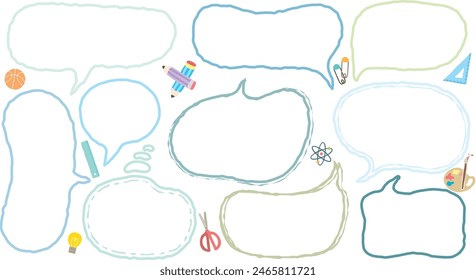 School theme hand-drawn style out-line speech bubble for text. Set of blank BTS crayon cute memo sticker. Stationery pattern crayon drawing balloon cloud. Pencil, Science, Art, Math, Paper clip, Sport