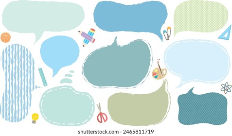 School theme hand-drawn style speech bubble for text. Set of blank BTS crayon cute memo sticker. Stationery pattern crayon drawing balloon cloud. Pencil, Science, Art, Math, Paper clip, Sport, Scissor