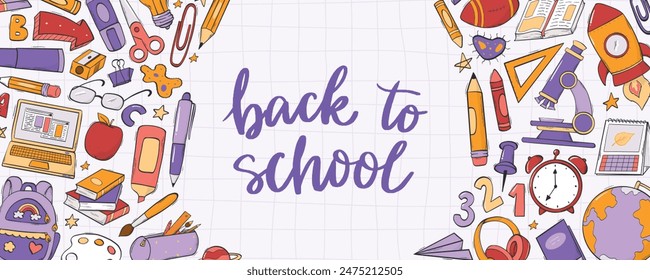 Tema escolar Anuncio Horizontal, Concepto de regreso a la escuela. Cita decorada con Elementos dibujados a mano, garabatos para redes sociales, ventas, invitaciones, promociones, carteles, etc. EPS 10