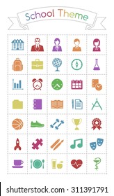 School Theme Icons. Set of 35 flat color pictograms on the subject of Junior School Education. 