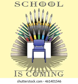 school theme illustration with supplies set and text: School is coming. vector illustration. Concept print design for first september. 1 september theme.