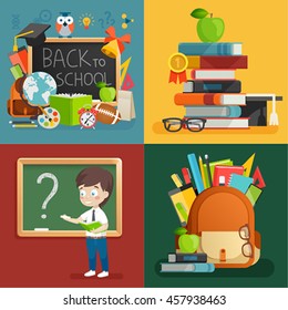 School theme set. Back to school, books, schoolboy, backpack and other elements. Vector illustration.