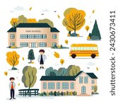 School theme set. Back to school, school building, school kids and other elements. Vector illustration
