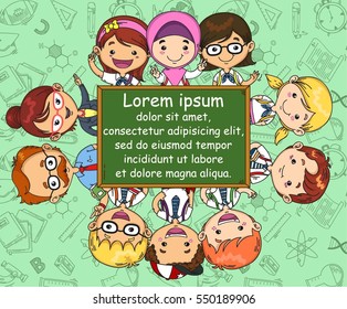 School theme template with student and teacher illustration. and place for text