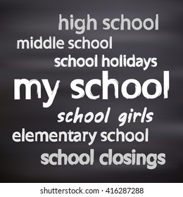 School theme words. Graphic design with grunge effect. Dirty style. Abstract font.