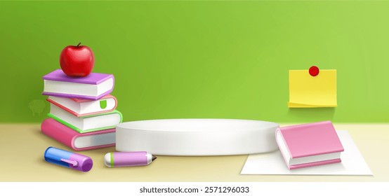 School themed 3D composition with white round podium, stacked textbooks in colorful covers, bright red apple on top, pens near display platform, yellow sticky note attached to green wall background.